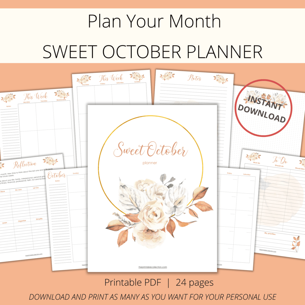 Printable planner Sweet October with watercolor pumpkins, flowers, and leaves - The Printable Collection